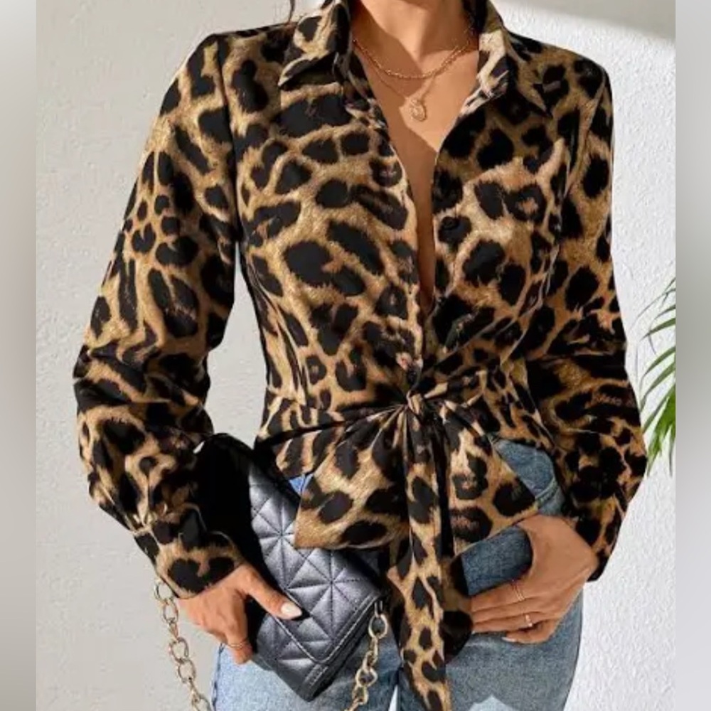 NWOT* SHEIN Leopard Print Casual Shirt With Tie & Long Sleeves - Size Large 8-10 - Picture 2 of 4